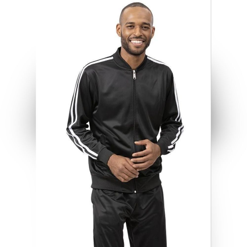 MEN'S MONTIQUE BLACK 2 PIECE SPORT TRACK SUIT WITH DOUBLE SIDE STRIPE. JS26.